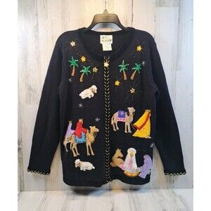 VTG Quacker Factory Zip Up Sweater MED Nativity Scene Storyblock Christmas Party